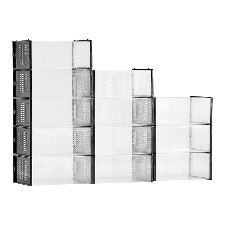 12 db-os átlátszó, egymásra rakható cipőtároló doboz készlet, fekete keret, méretei 334x230x145mm