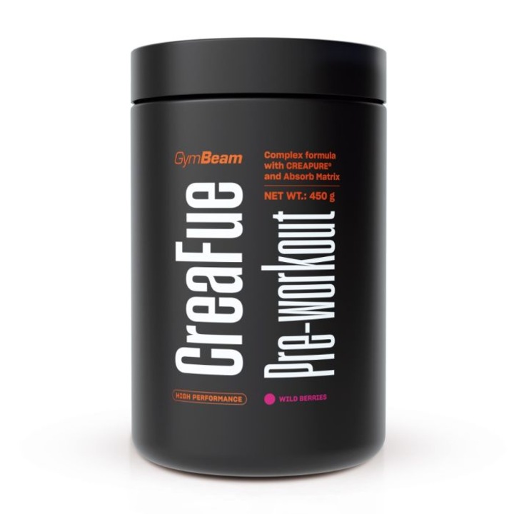 CreaFue Pre-workout, GymBeam, pudră, cu creatină Creapure, aromă fructe de pădure, 450 g