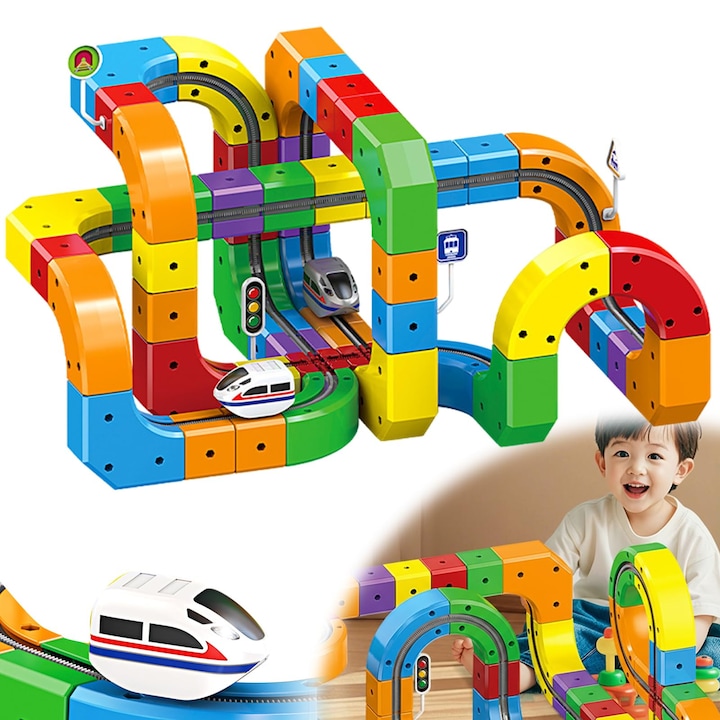 Set de tren electric WALALLA, Set trenulet electric nou, pista de curse flexibila cu 2 vagoane, jucarie de invatare cu tija 3D care sfideaza gravitatia (editie avansata, culoare aleatorie)