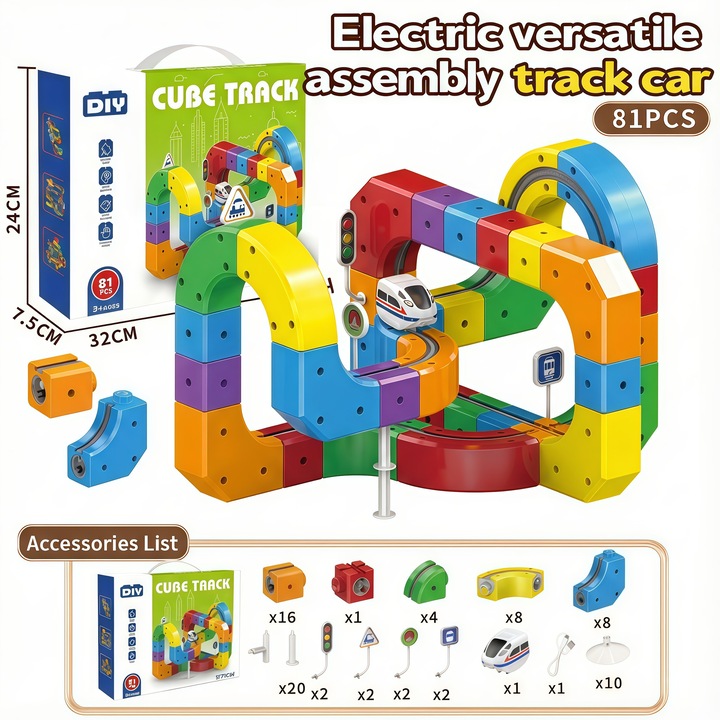 Set Tren Electric USB cu Traseu 3D Anti-Gravitatie, Sistem Constructie DIY Clip-Fit, Cuburi Puzzle Colorate, Jucarie Educativa STEM, Cadou Copii 3-12 Ani, 81 Piese