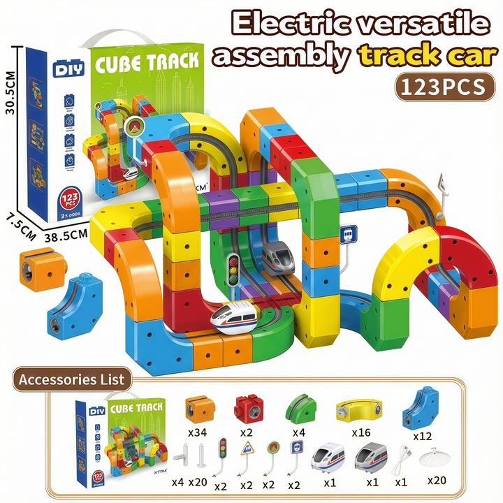 Set Tren Electric USB cu Traseu 3D Anti-Gravitatie, Sistem Constructie DIY Clip-Fit, Cuburi Puzzle Colorate, Jucarie Educativa STEM, Cadou Copii 3-12 Ani, 123 Piese (Include 2 Masinute)