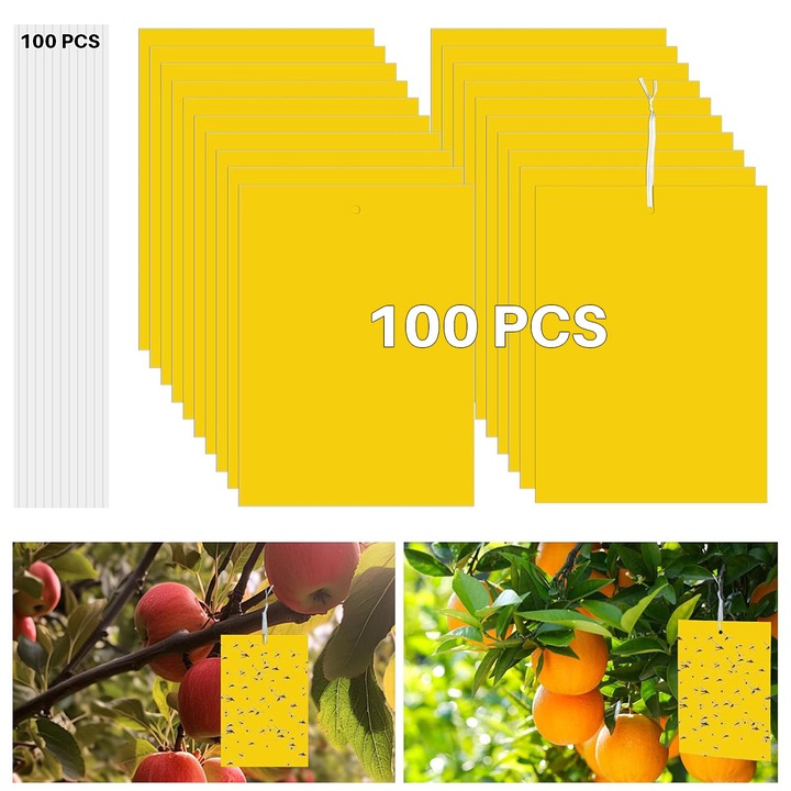 100 db-os dupla rovarcsapda készlet, YOUKUKE®, Polipropilén, UV-álló, 20x10 cm, Sárga