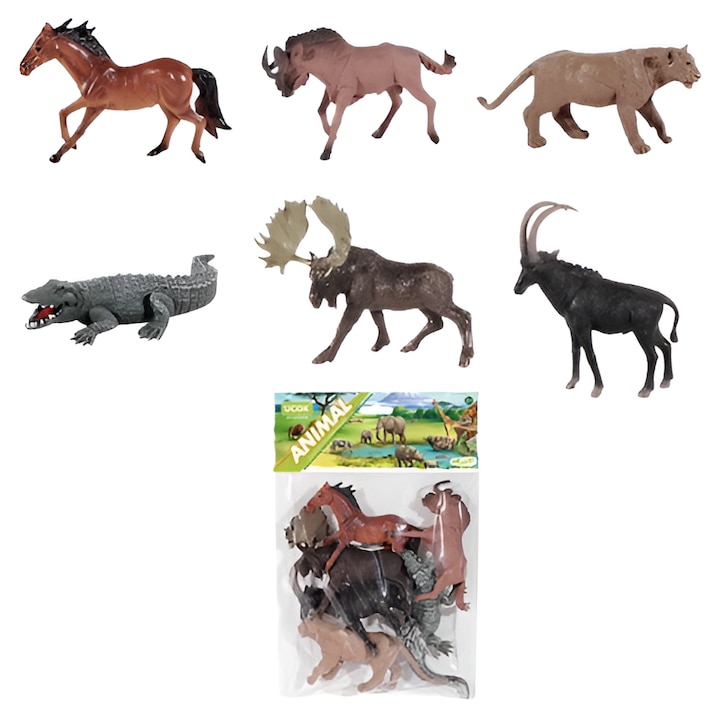 Set 6 Figurine Animale Sălbatice - Cal Sălbatic/Crocodil/Elan/Gnu/Antilopa/Puma, Plastic, 12x15cm