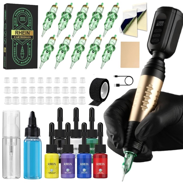 Set aparat de tatuat wireless Rhein, masina de tatuaje cu acumulator 1500 mAh,10 ace tip cartus, 7 cerneluri colorate, design ergonomic