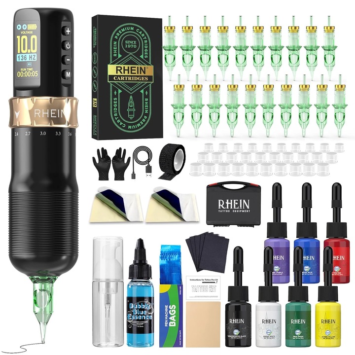 Set aparat de tatuat wireless Rhein, acumulator 1800mAh, 7 cerneluri colorate, design ergonomic