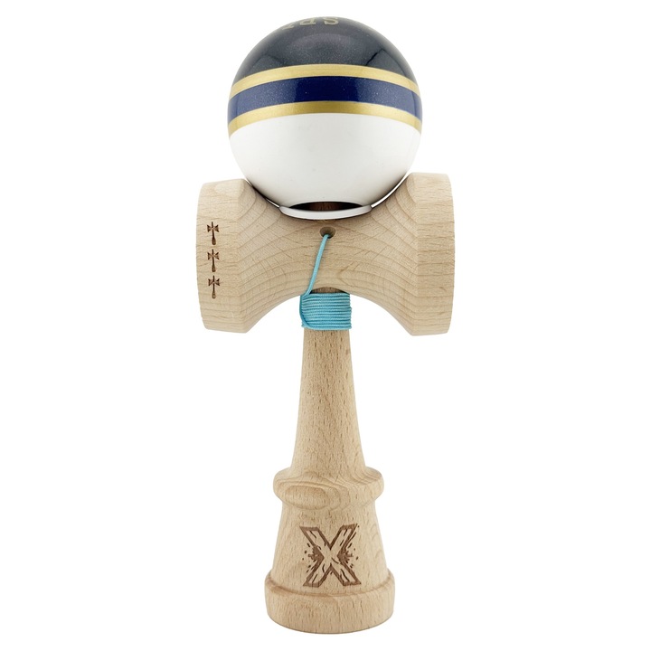 Kendama Originala ROYAL SPIKE, Profesionala, Cupe Mari KING SIZE V3, Super Sticky, Gaura in Baza, Rulment Metalic, din lemn 18 cm, Ata 55 cm, Inel Albastru inchis