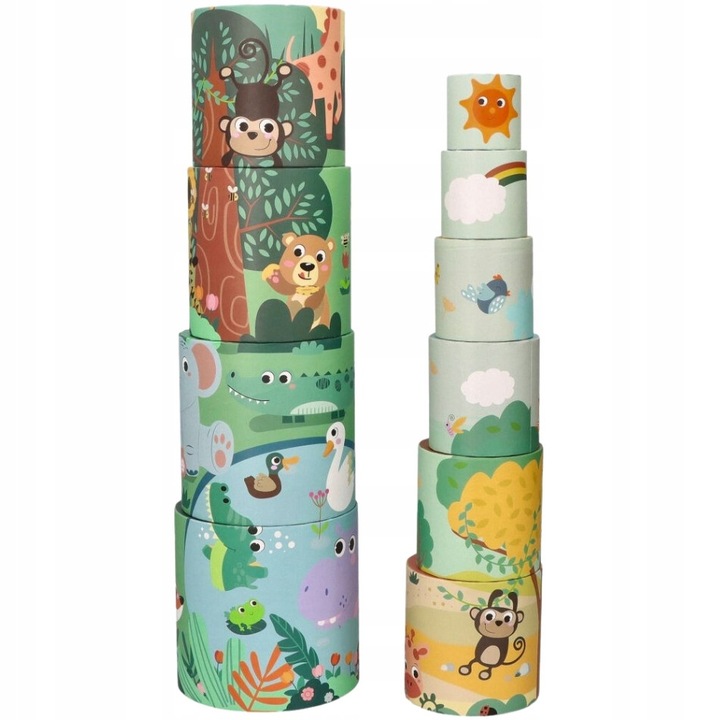 Set piramida cu 10 cuburi colorate, Adam Toys, ilustratii animale, 14x13x12x11x10x9x8x7x6x5cm, inaltime turn 96cm