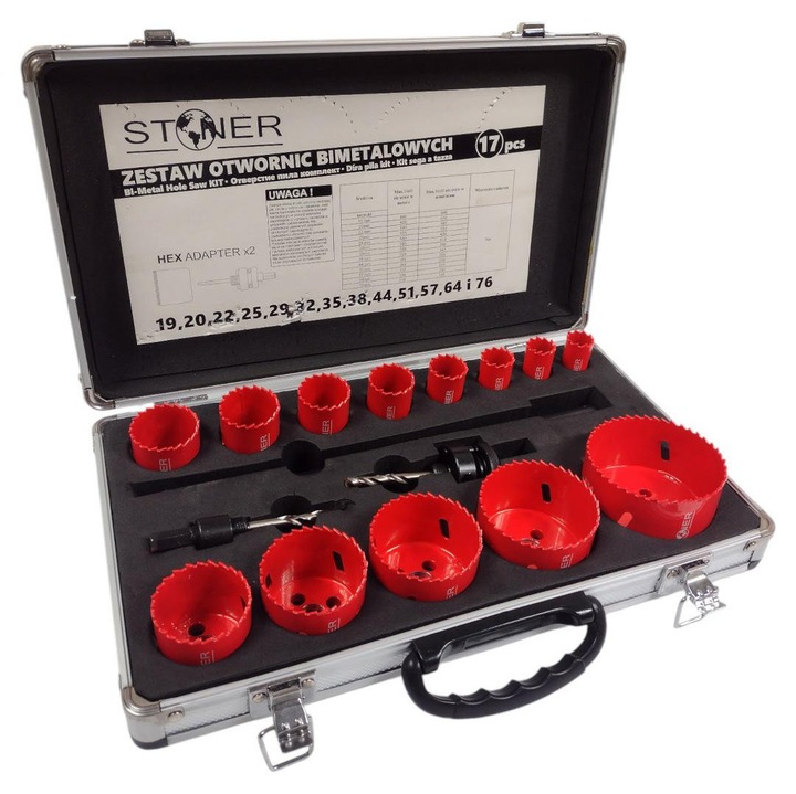 Set de carote 13 bucati, Silver, 19-76mm, HSS, cu adaptor si valiza aluminiu