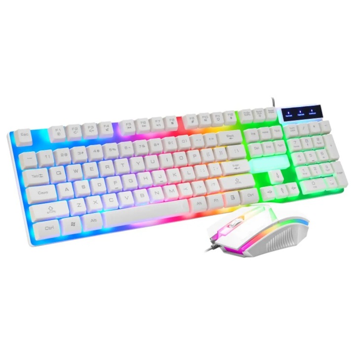 Set tastatura si mouse gaming RGB ABYZ 104 taste, USB, ergonomic, rezistent la apa, iluminare colorata, ideal pentru gaming, alb