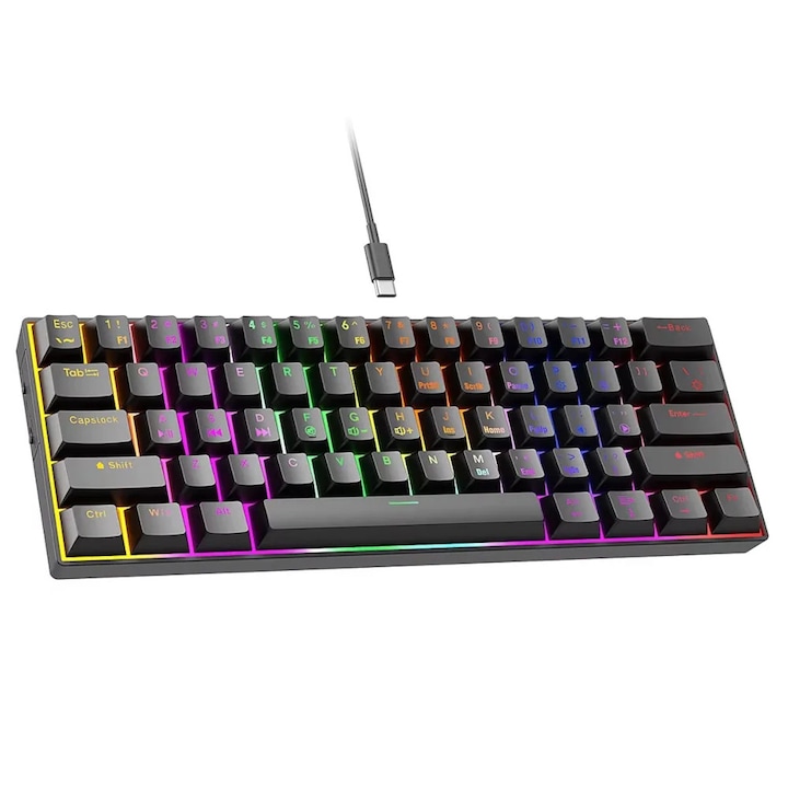 Tastatura mecanica gaming 61 taste ABYZ design ergonomic, iluminare LED, switch-uri Blue, conexiune USB negru