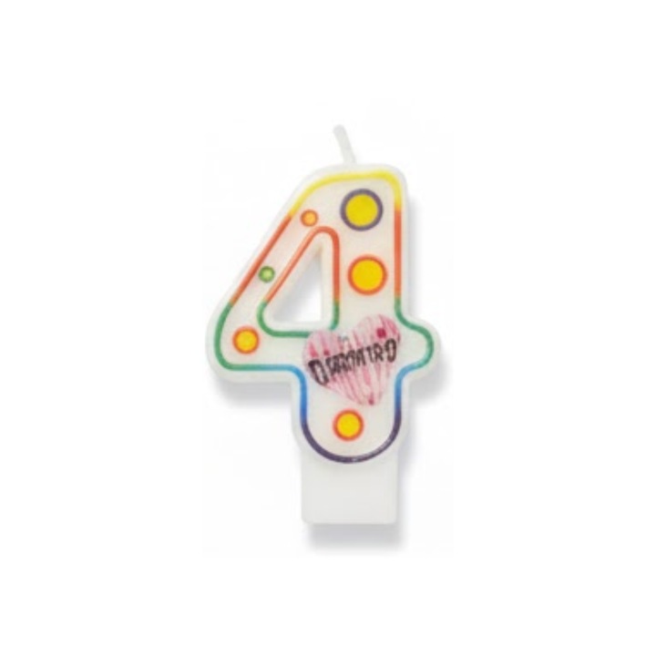 Lumanare Aniversara Pentru Tort Cifra 4, Model Alb Cu Puncte Colorate Si Inima, Inaltime Standard, Decor Petrecere