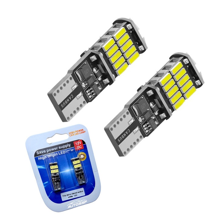 Set 2 LED izzó T10 W5W Canbus AutoSSF ™, 26 LED, SMD 4014 típusú, 900 lumen, 12V, helyzetjelzőkhöz, csomagtartóhoz, mennyezeti lámpához, tükrökhöz, hangulatvilágításhoz, fehér fény 6000k