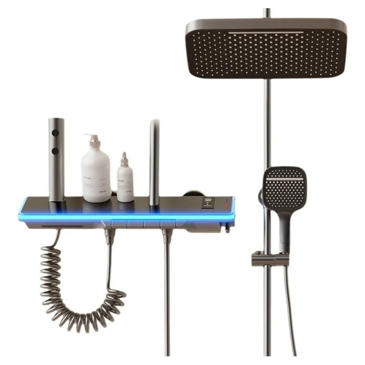 Set Coloana de Dus cu Afisaj Digital si Iluminare LED, 4 Moduri de Curgere a Apei, Gri Antracit