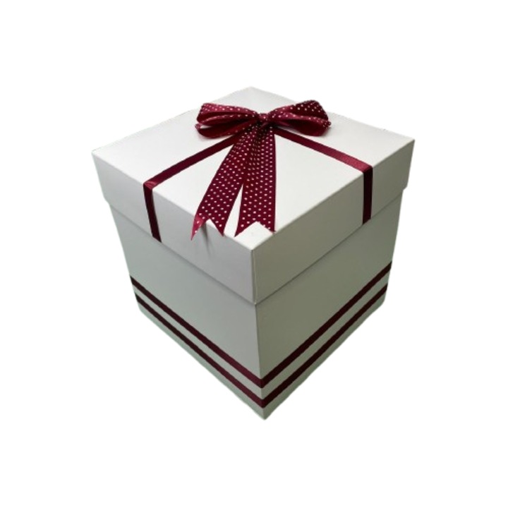 Cutie pentru cadou - Nicas - carton alb cu fundita visinie - forma cub - 20x20x20cm - tip N20