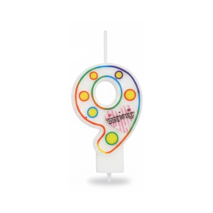 Lumanare Aniversara Pentru Tort Cifra 9, Model Alb Cu Puncte Colorate Si Inima, Inaltime Standard, Decor Petrecere