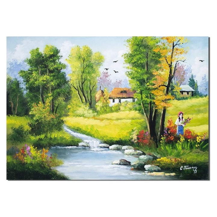 Tablou peisaj din natura pictat manual, La zi de sarbatoare, 70x50cm ulei pe panza Constantin Feraru