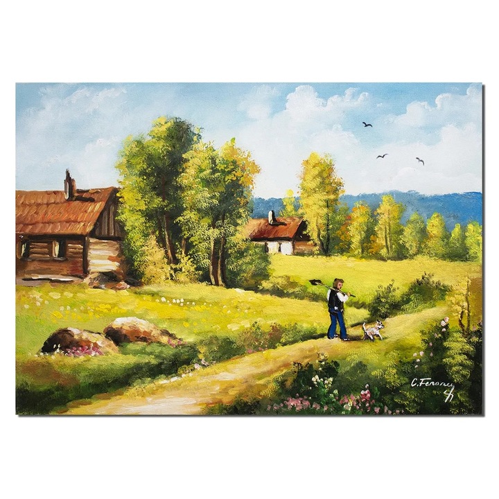 Tablou peisaj rural pictat manual, Voie buna, 70x50cm ulei pe panza, Constantin Feraru