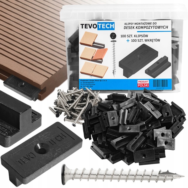 Clipsuri montaj pentru deck-uri compozite si din lemn, TEVOTECH, set 100+100, culoare neagra, dimensiune surub 4x35mm
