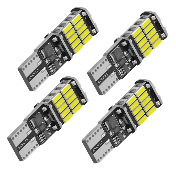 Set 4 becuri LED T10 W5W Canbus AutoSSF ™, 26 leduri, SMD tip 4014, 900 lumeni, 12V, pentru lumini pozitii, portbagaj, plafoniera, oglinzi, lumini ambientale, lumina alb 6000k