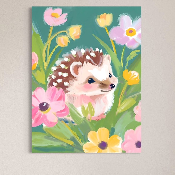 Tablou Canvas Premium, LuxCanva® K1069, Bucuria de a fi Mic, 75 X 100 CM, Panza Bumbac 100% 400g/m2, Sasiu Lemn, Arici, Flori, Petale, Iarba, Gradina, Pictura, Culori Pastelate, Camera Copil, Dormitor