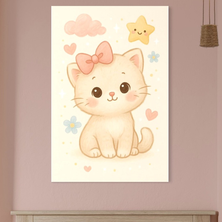 Tablou Canvas Premium, LuxCanva® K1075, Un Strop de Gingasie, 80 X 120 CM, Panza Bumbac 100% 400g/m2, Sasiu Lemn, Pisicuta, Steluta, Fundita, Floricele, Baby, Adorabil, Camera Copil, Dormitor