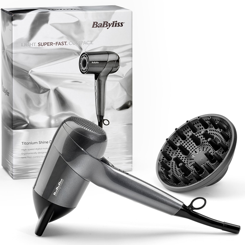 Uscator de par BaByliss D6200DE Titanium Shine, motor digital high‑speed 1600W, tehnologie ionica anti‑frizz, 3 trepte de temperatură, 3 viteze, functie Cool Shot, argintiu