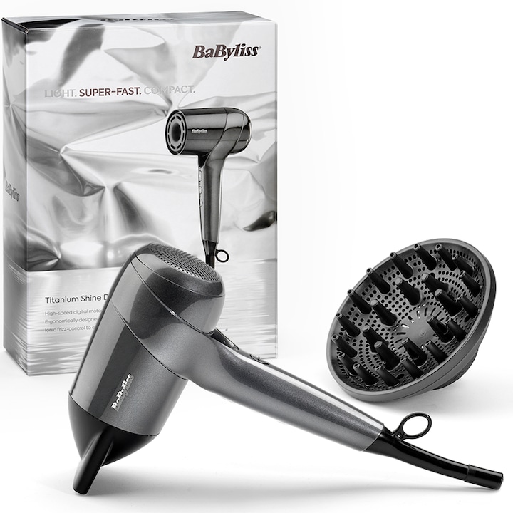 Сешоар BaByliss D6200DE Titanium Shine, Високоскоростен дигитален мотор 1600W, Йонна технология против накъсване, 3 степени на температура, 3 скорости, Функция Cool Shot, Сребрист