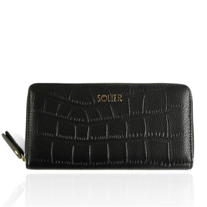 Дамско портмоне Solier SW52, естествена кожа, отделения за карти, джоб за монети, черно, 19,5x10,5x2,5см