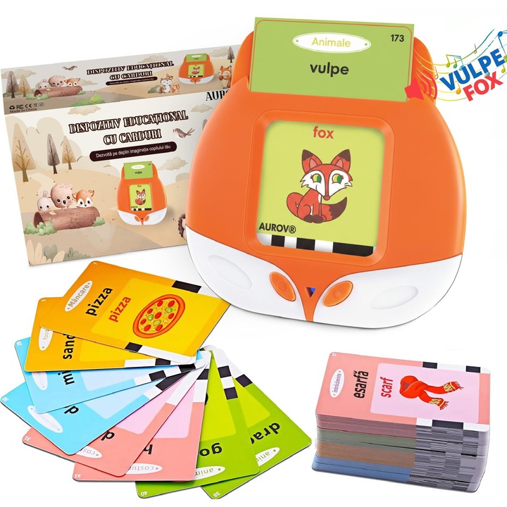 Jucarie Educativa Montessori Bilingva, Romana/Engleza pentru copii, Aurov®, 448 Cuvinte, 112 Carduri, Pronuntie Clara, Efecte Sonore Realiste, 3 Moduri, Consolidarea Memoriei, Fara Wi-Fi, Portocaliu