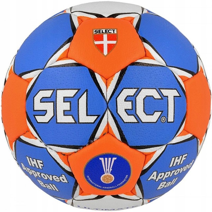 Minge handbal Select Ultimate, Marimea 3, Alb/Albastru/Portocaliu, cusuta manual, certificata IHF