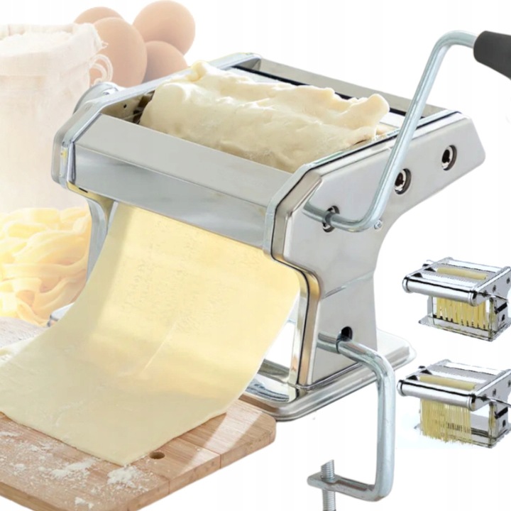Kézi tésztagép, tésztavágó, 9 fokozatú vastagságállítással, rozsdamentes acélból, asztallapra rögzíthető bilinccsel és fettuccine/tagliatelle vágókkal, ezüst, 1 db