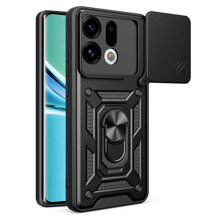 Husa Shutter Spate Armor Ring Lens Cover pentru Oppo Find X9, Slide Mechanism, Functie Magnetica, Camshield Suportul Inel Rotativ 360°, Negru