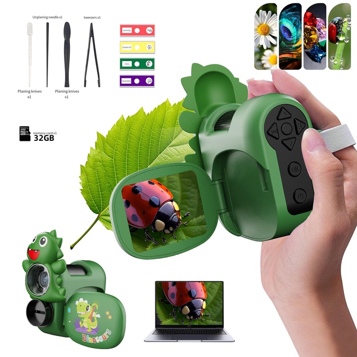 Microscop Portabil Digital Pentru Copii, SHIJOOE@,100X-1600X, LED,1000mAh, Ecran IPS de 2 inci, Functie Foto/Video, mod camera PC, Memorie de 32 GB，cu accesorii, Cadou pentru fete baieti, verde