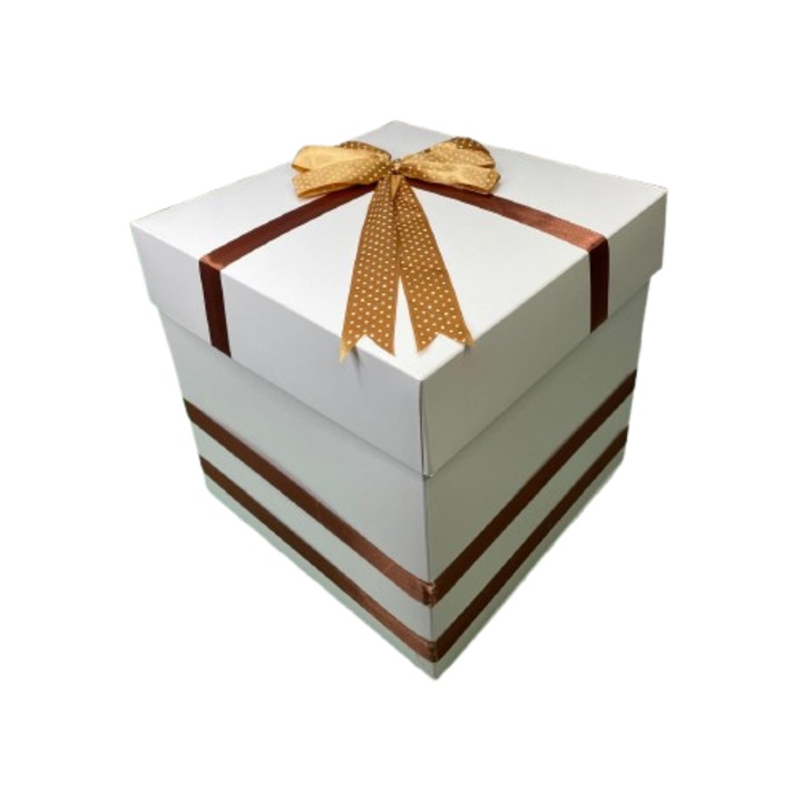 Cutie pentru cadou - Nicas - carton alb cu fundita aurie si maro - forma cub - 24x24x24cm - tip N24