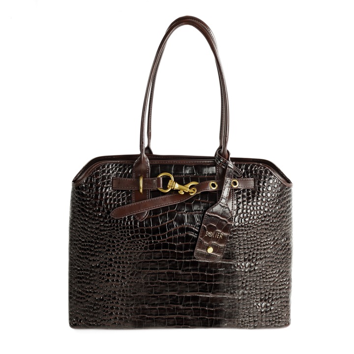 Geanta de dama din piele naturala lacuita Solier FL57 Arla, geanta mare eleganta, Maro