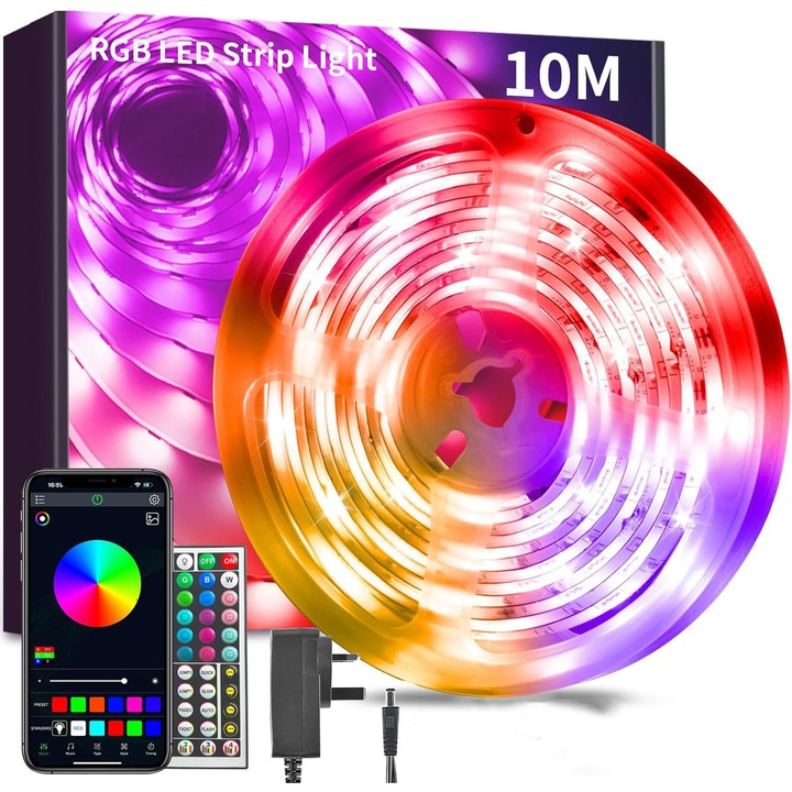 Kit Banda LED, 5050 RGB, Waterpikte® Exterior IP65, Wi-FI, Control Din Telefon Prin Internet, Telecomanda, Lumina Multicolora, 15 metri, Schimbare， Culori Pe Ritmul Muzicii, Led Strip，16 perle de lumina / m