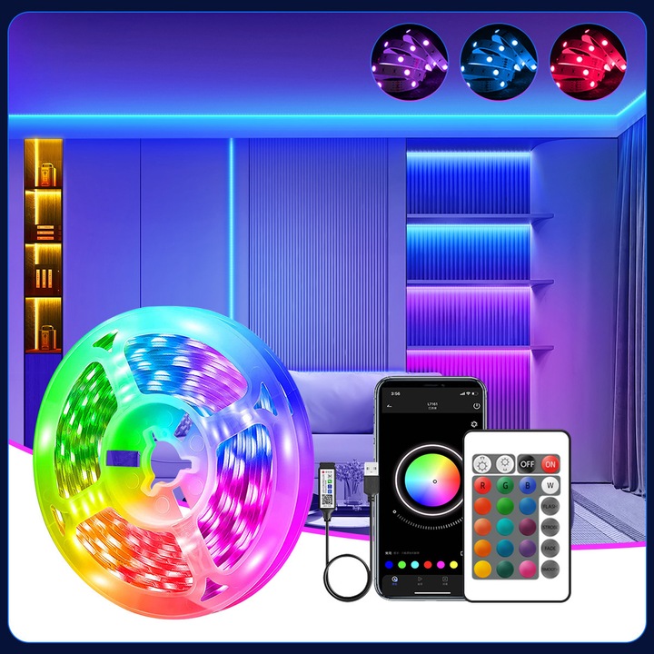Banda LED RGB 5050, 10m, multicolor, rezistenta la apa, control Wi-Fi si telecomanda, sincronizare muzicala