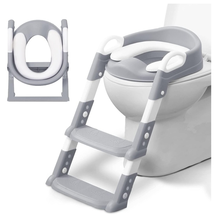 Reductor WC copii cu scarita pliabila si sezut moale PU–Sigur si Confortabil, Prietenos cu Pielea, cu trepte ajustabile pentru toaleta ovala (44-54cm）Gri
