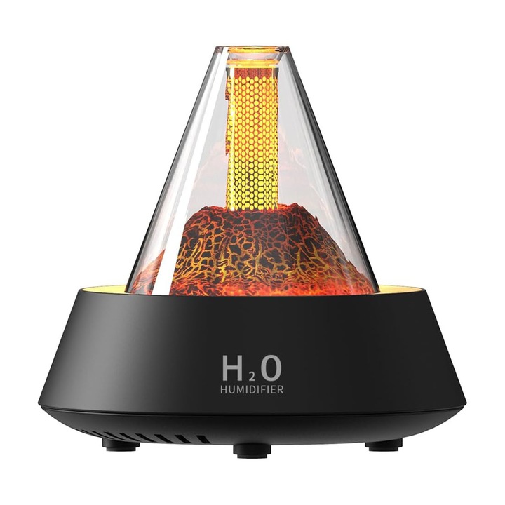 Difuzor de aromaterapie pentru uleiuri esentiale tip vulcan, umidificator, purificator, lumini, capacitate 280ML, cu Ultrasunete, cu telecomanda, Functionare silentioasa, 7 Color Changing Lights, Black