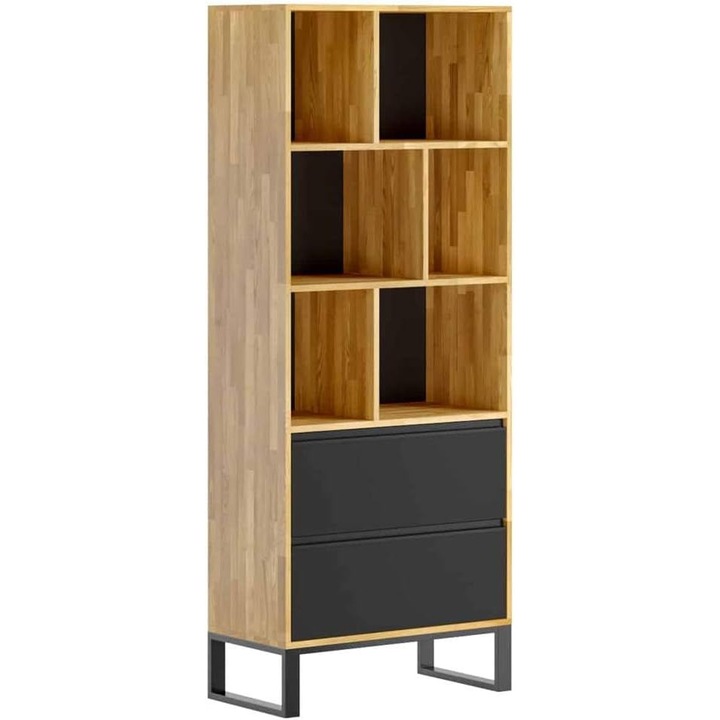 Biblioteca birou LOFT, raft industrial cu 2 sertare pentru documente si carti, 200x80x40 cm, negru, DEERHORN