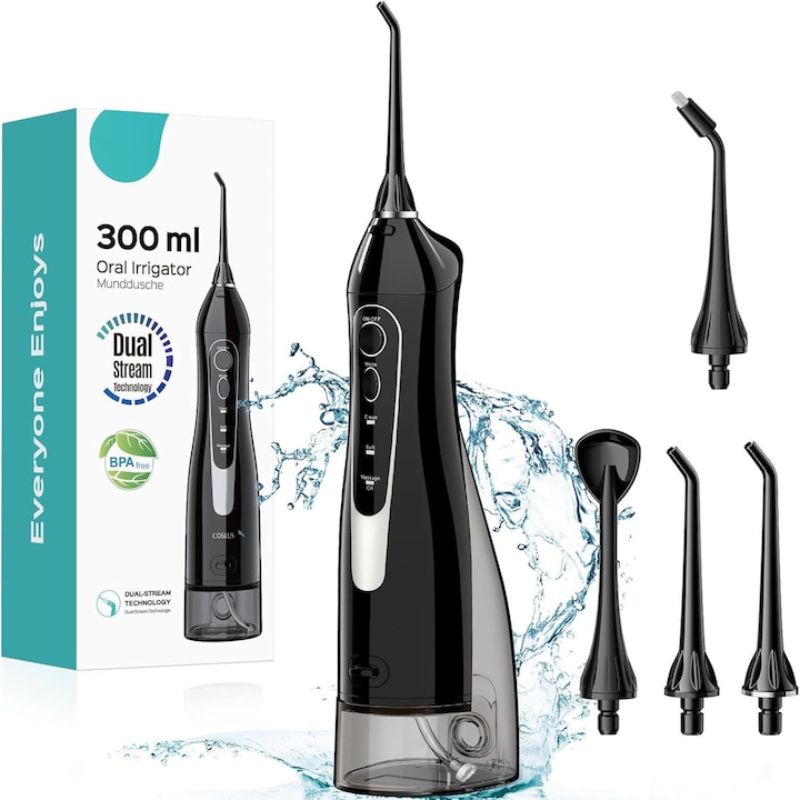 Irigator Bucal tip Dus Bucal Portabil, Waterpikte®, Oral, Gura, 1400 pulsatii/min, 4 Programe, 8 Viteze, Personalizare Pulsatii, Rezervor 300ml, 4 Duze incluse, Protectie supraincalzire, Materiale non-toxice