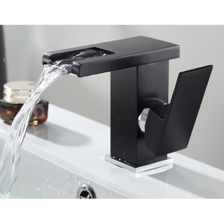 SoSar® LED csaptelep fürdőszobába, fekete modern vízesés, RGB sugár, intelligens hőmérséklet-világítás, prémium kivitel