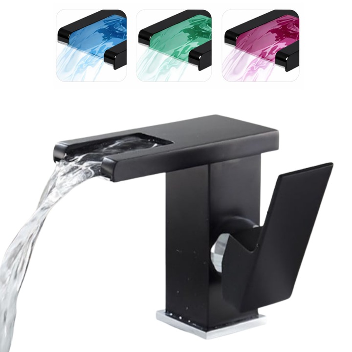Robinet baie Macvi® LED tip cascada negru premium jet RGB cu iluminare in functie de temperatura constructie din alama