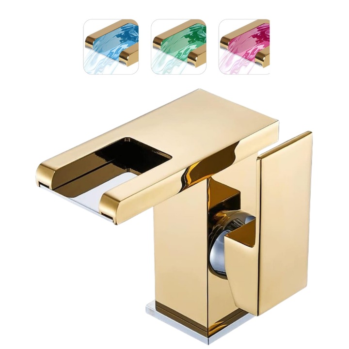 Macvi® LED vízesés típusú fürdőszobai csaptelep, arany, prémium RGB sugárzással hőmérsékletfüggő világítással, sárgaréz szerkezet