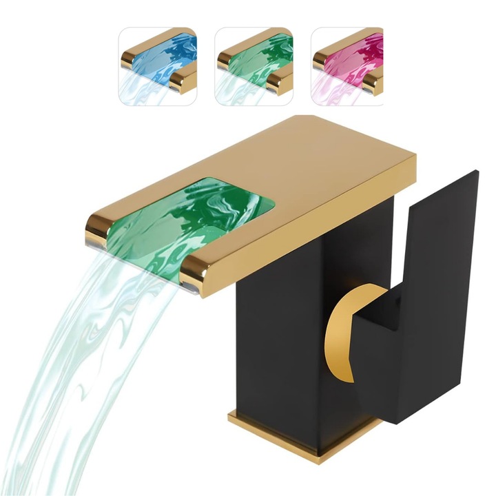 Robinet baie Macvi® LED tip cascada Negru-Auriu, premium jet RGB cu iluminare in functie de temperatura constructie din alama