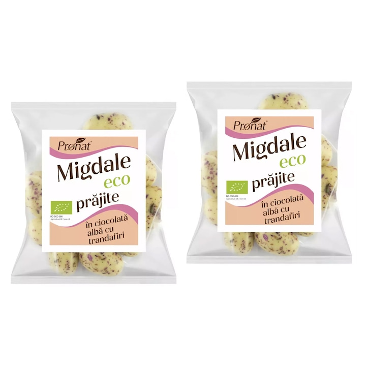 Migdale bio prajite, glazurate in ciocolata alba cu trandafiri, 50g Pronat x 2 buc