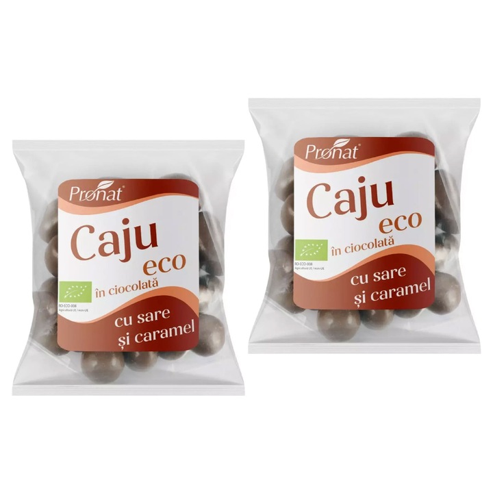 Nuci caju bio glazurate in ciocolata cu lapte cu aroma de caramel sarat 50g Pronat x 2 buc