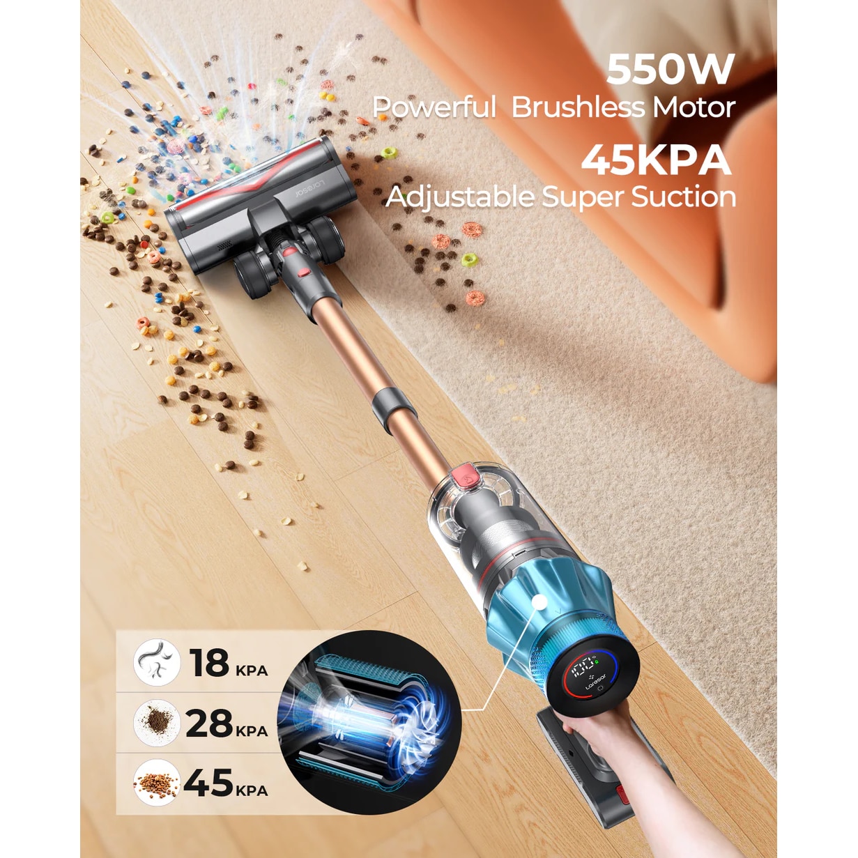 Aspirator fara fir Laresar Ultra 7, aspirator tip stick, 550 W/45 Kpa, cu ecran tactil, pentru podele din lemn masiv, covoare, par de animale, negru