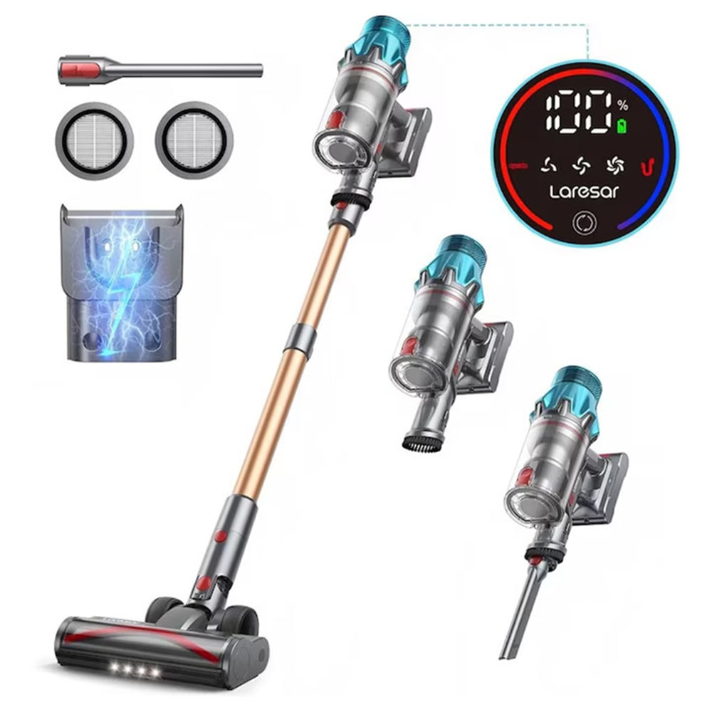 Aspirator fara fir Laresar Ultra 7, aspirator tip stick, 550 W/45 Kpa, cu ecran tactil, pentru podele din lemn masiv, covoare, par de animale, negru