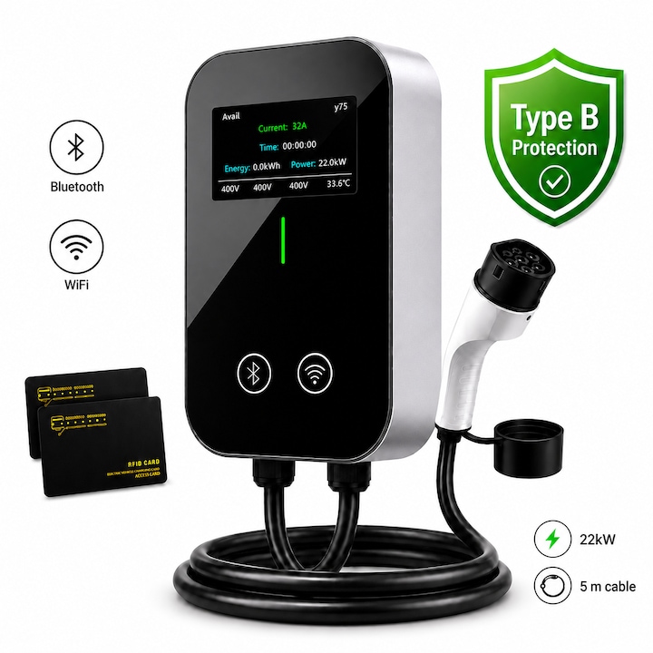 Statie De Incarcare Masini Electrice EV Smart Wallbox 22kW Type 2, Incarcator Auto Electric Trifazic 32A 380-400V, Protectie Tip B AC/DC, IP66 Exterior Interior, WiFi Bluetooth RFID, Aplicatie, Ecran Color, Cablu 5m, Incarcare Inteligenta, COMPANIERO